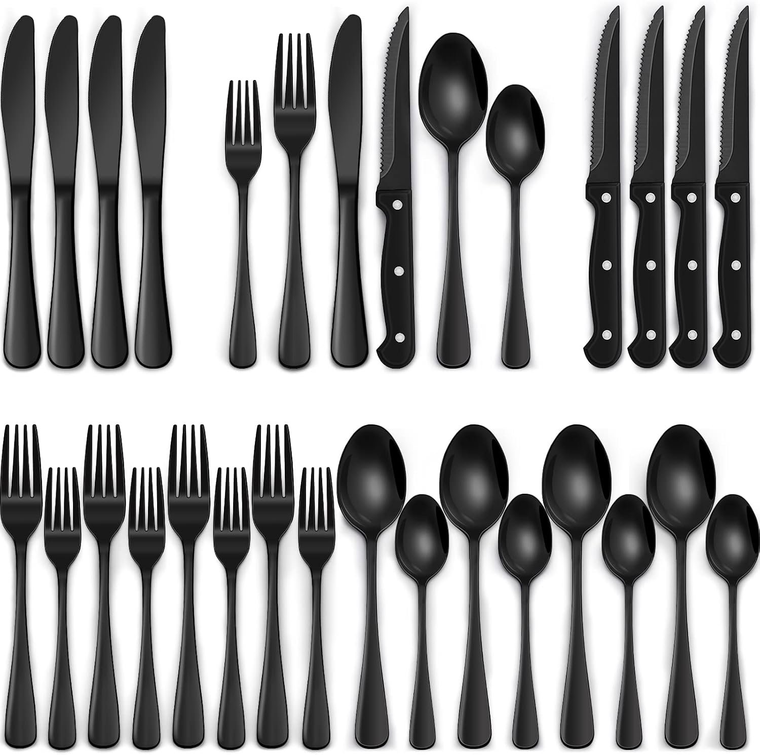 Sleek Black 24-Piece Flatware Set with Steak Knives for 4