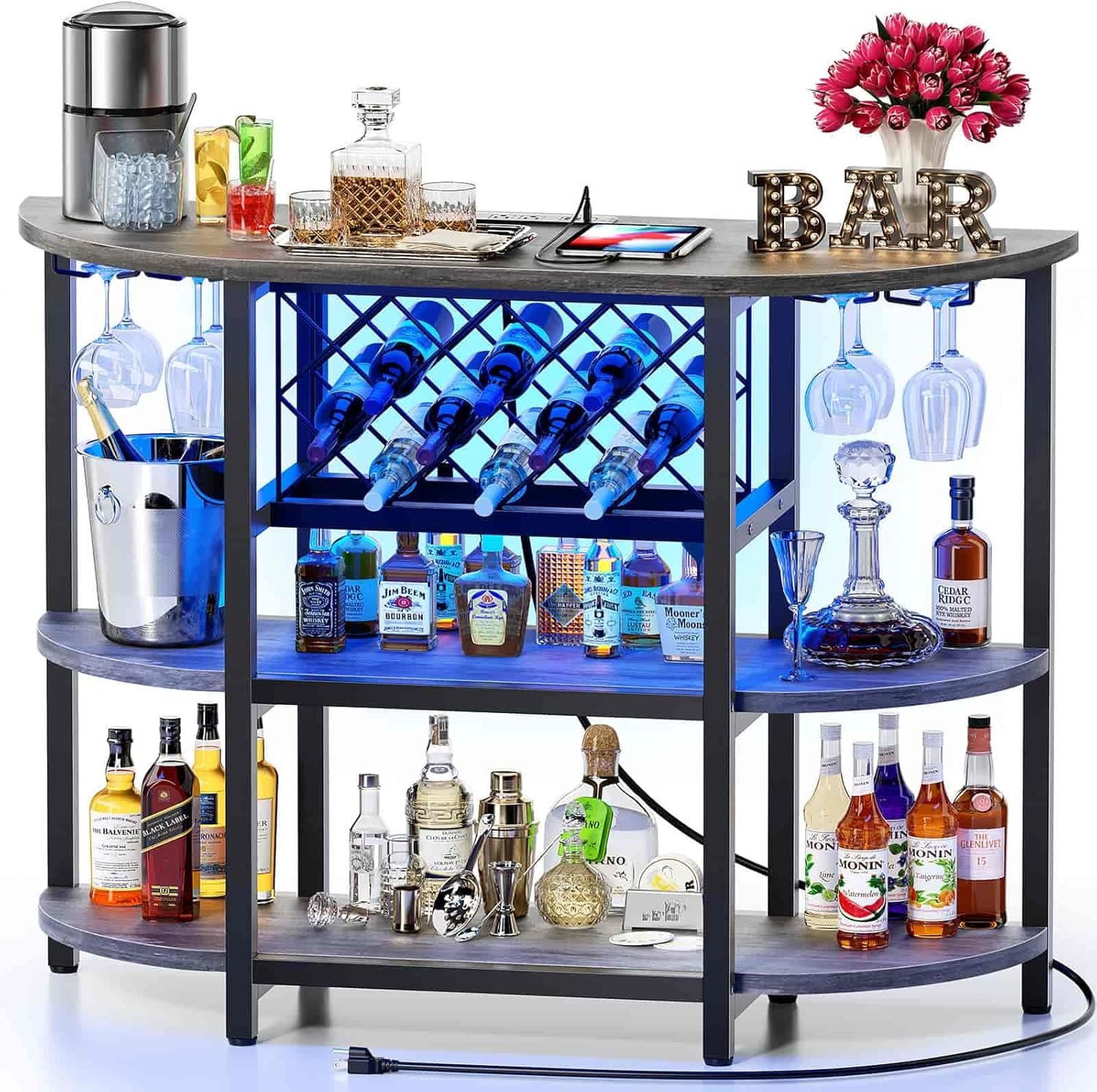 Smart Bar Cart with LED Lights & Charging Stations
