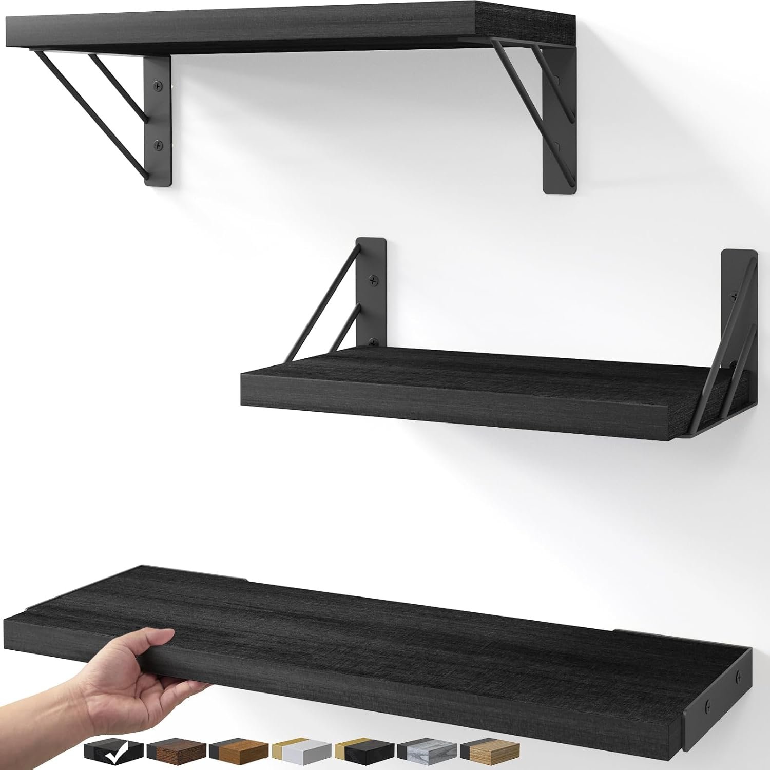 Space-Saving Black Wood Floating Shelves Set of 3