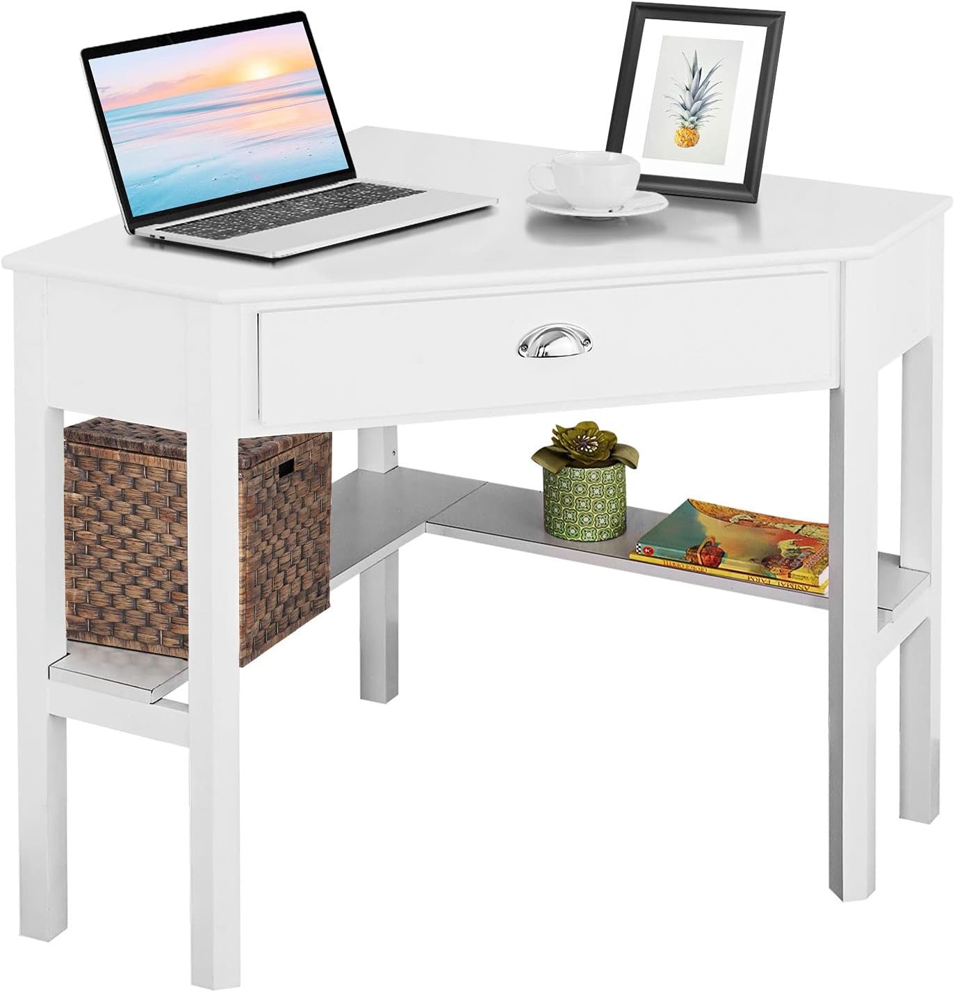 Space-Saving Corner Desk with Storage - White Finish
