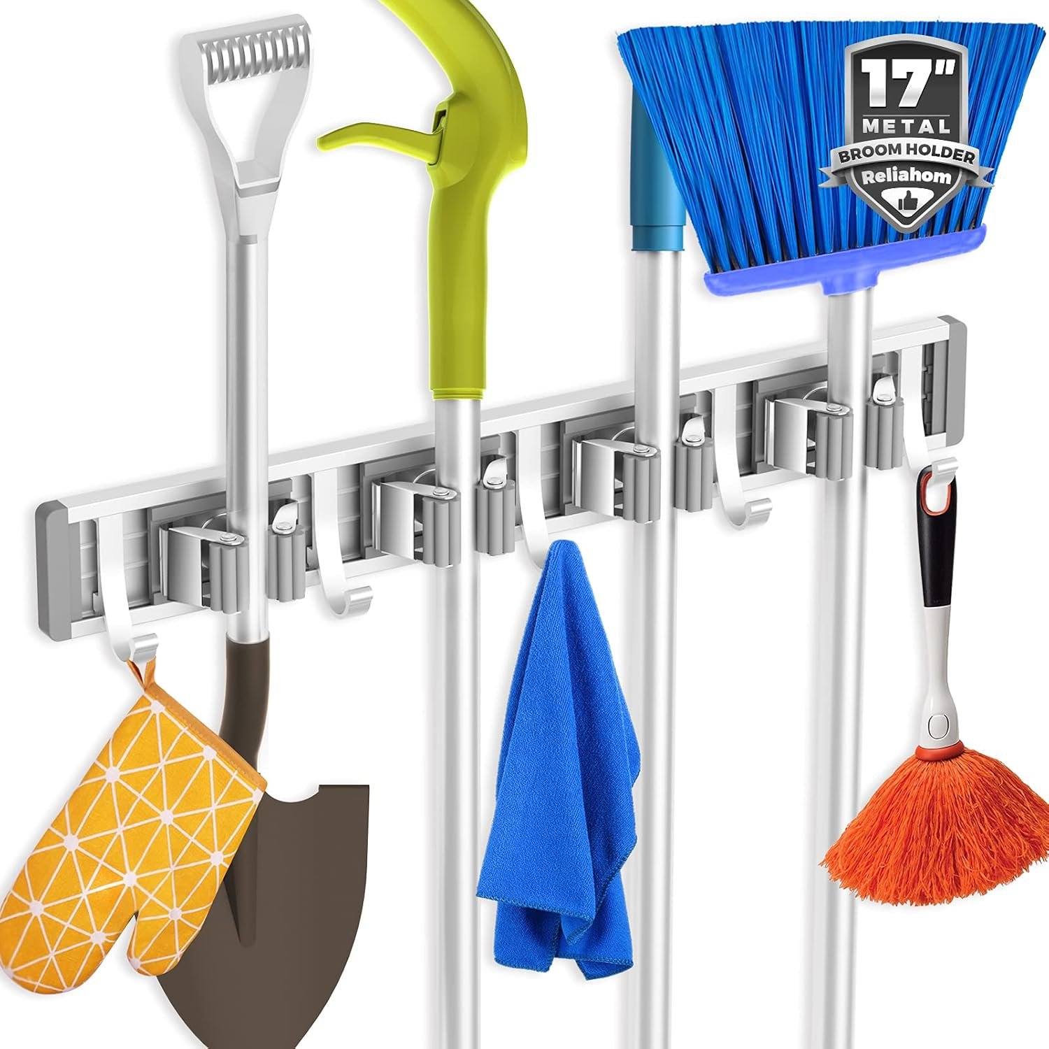 Space-Saving Wall Mount for Brooms & Mops – 4 Racks, 5 Hooks