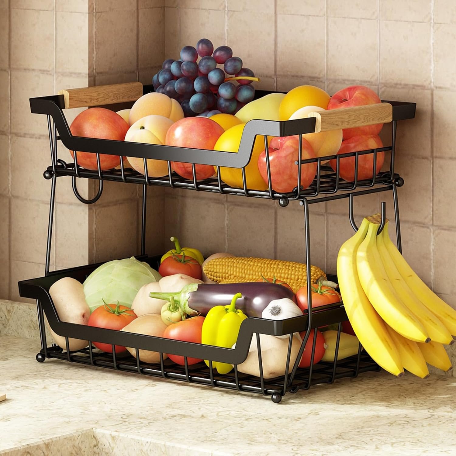 Spacious 2-Tier Fruit Basket with Banana Hangers for Easy Kitchen Organization