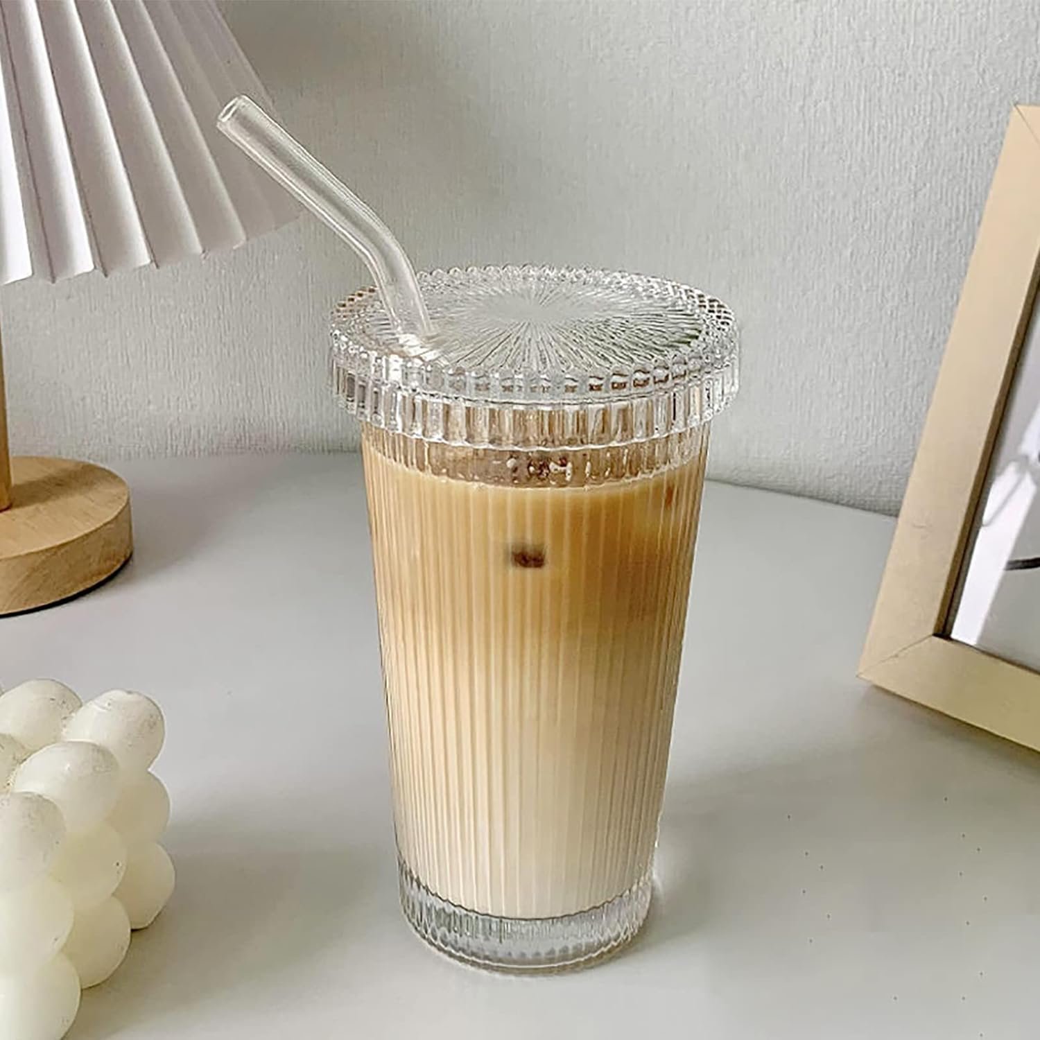 Striped Glass Tumbler with Lid & Straw - 12.5oz