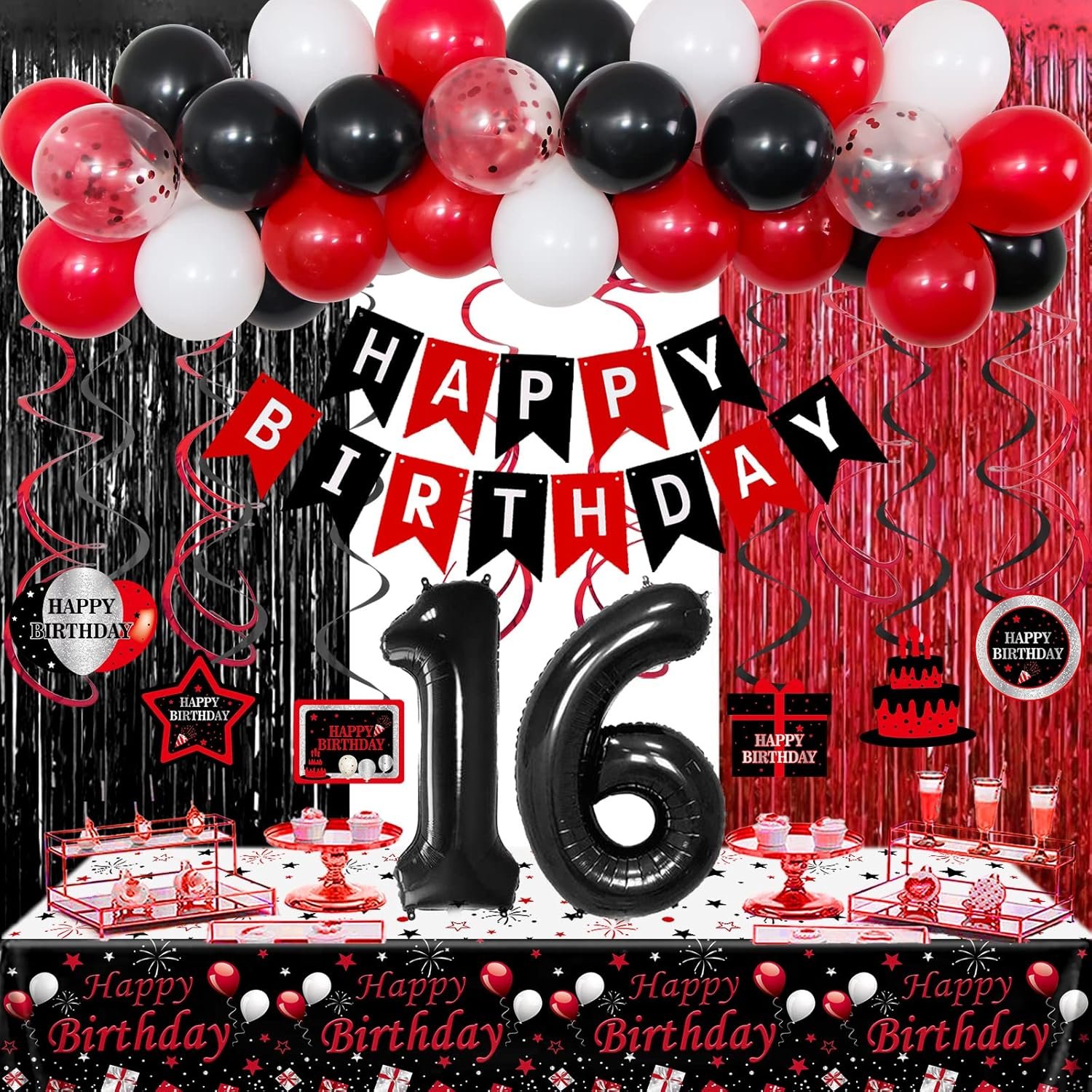 Sweet 16 Birthday Party Kit - Red Black Decorations