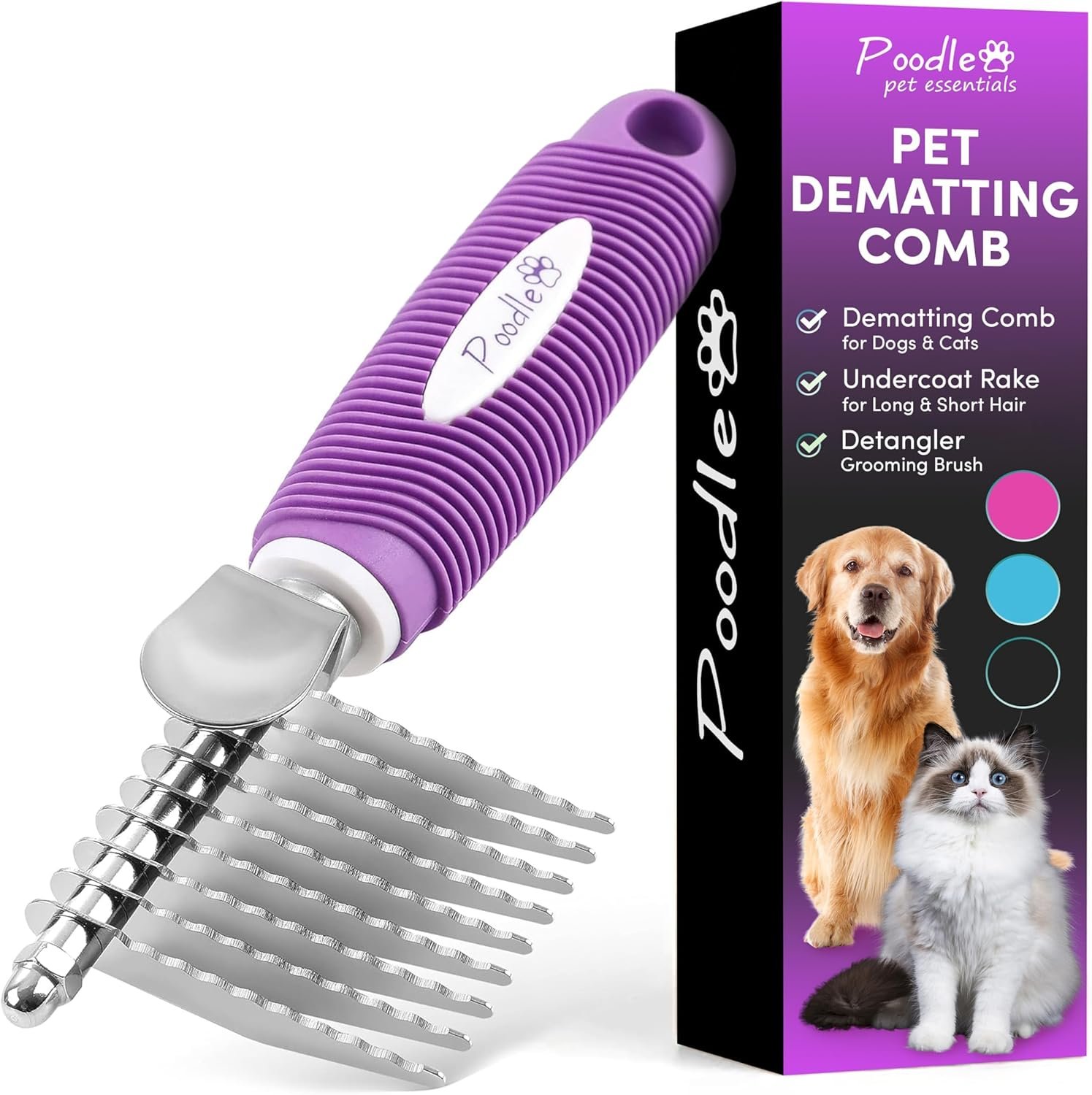 Tame Matted Pet Fur with Safety Steel Dematting Rake