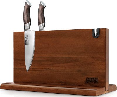 Acacia Wood Magnetic Knife Block with Built-in Sharpener