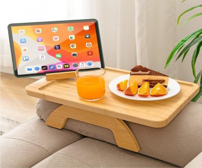 Bamboo Couch Arm Tray - Foldable Side Table with Phone Holder