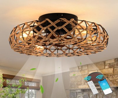 Bohemian Hemp Rope Ceiling Fan with 6-Speed Remote