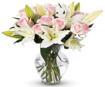 Fresh Flowers Delivered: Pink Roses & Lilies with Vase