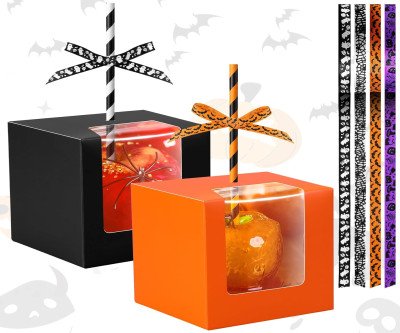 Spooky Sweet Halloween Candy Apple Gift Boxes with Sticks & Ribbons