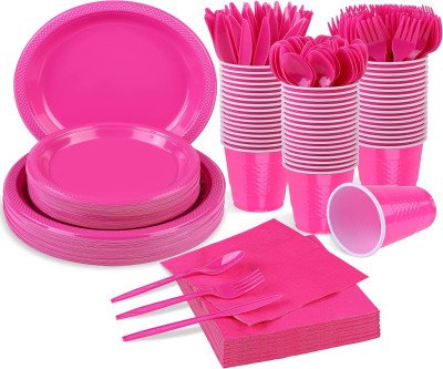 Complete Hot Pink Tableware Set - Everything for 50 Guests in One Box