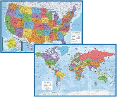 Durable Laminated World and US Map Poster Set