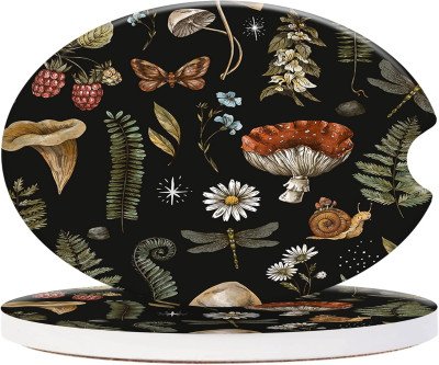 Mushroom Pattern Car Coasters: 2-Pack Vintage Ceramic Protection