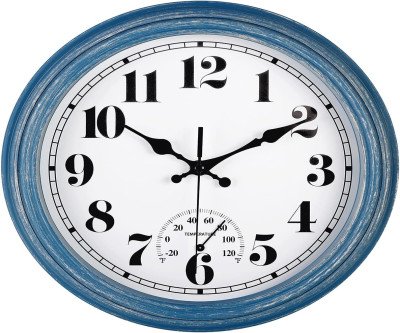 Retro Waterproof Wall Clock with Built-in Thermometer – Blue