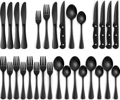 Sleek Black 24-Piece Silverware Set with Steak Knives for 4