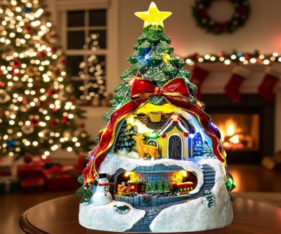 Spinning Musical Christmas Tree with Train, Deer & Snowman Glow