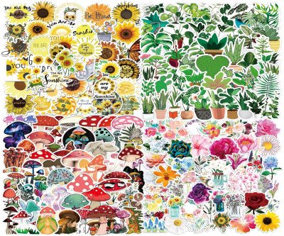 200 Waterproof Sunflower Mushroom Stickers - Vibrant Floral Designs