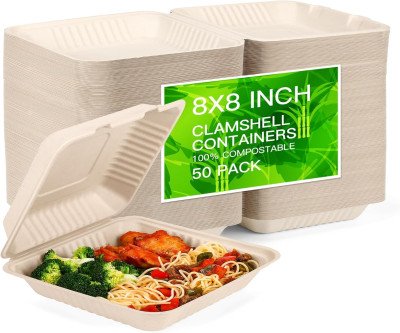 Sustainable Takeout Containers - 50 Pack Compostable Food Boxes