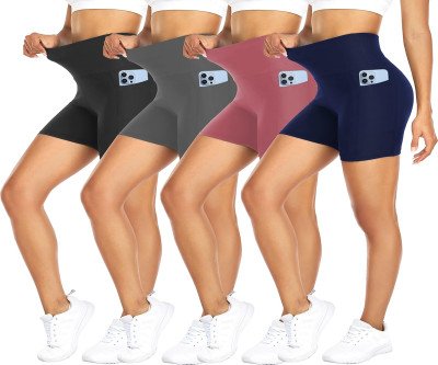 Women's High-Waisted Workout Shorts with Pockets - 4 Pack Comfort