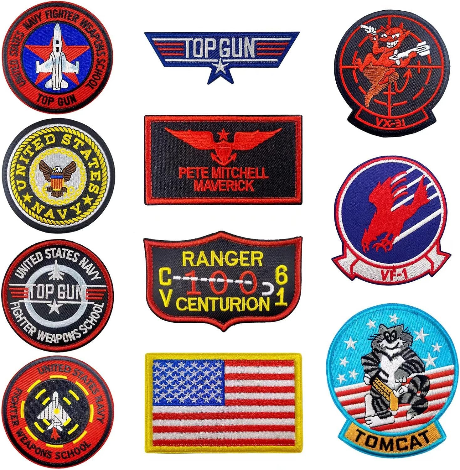 Top Gun Military Patch Set - 11 Embroidered Tactical Badges
