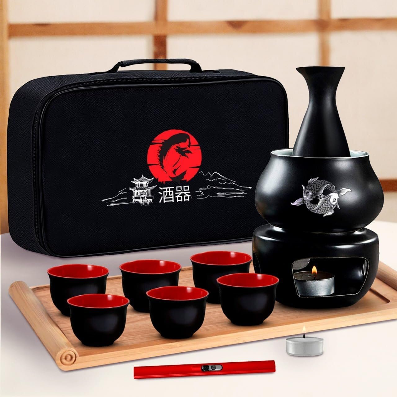 Traditional Japanese Sake Set with Warmer & Tray