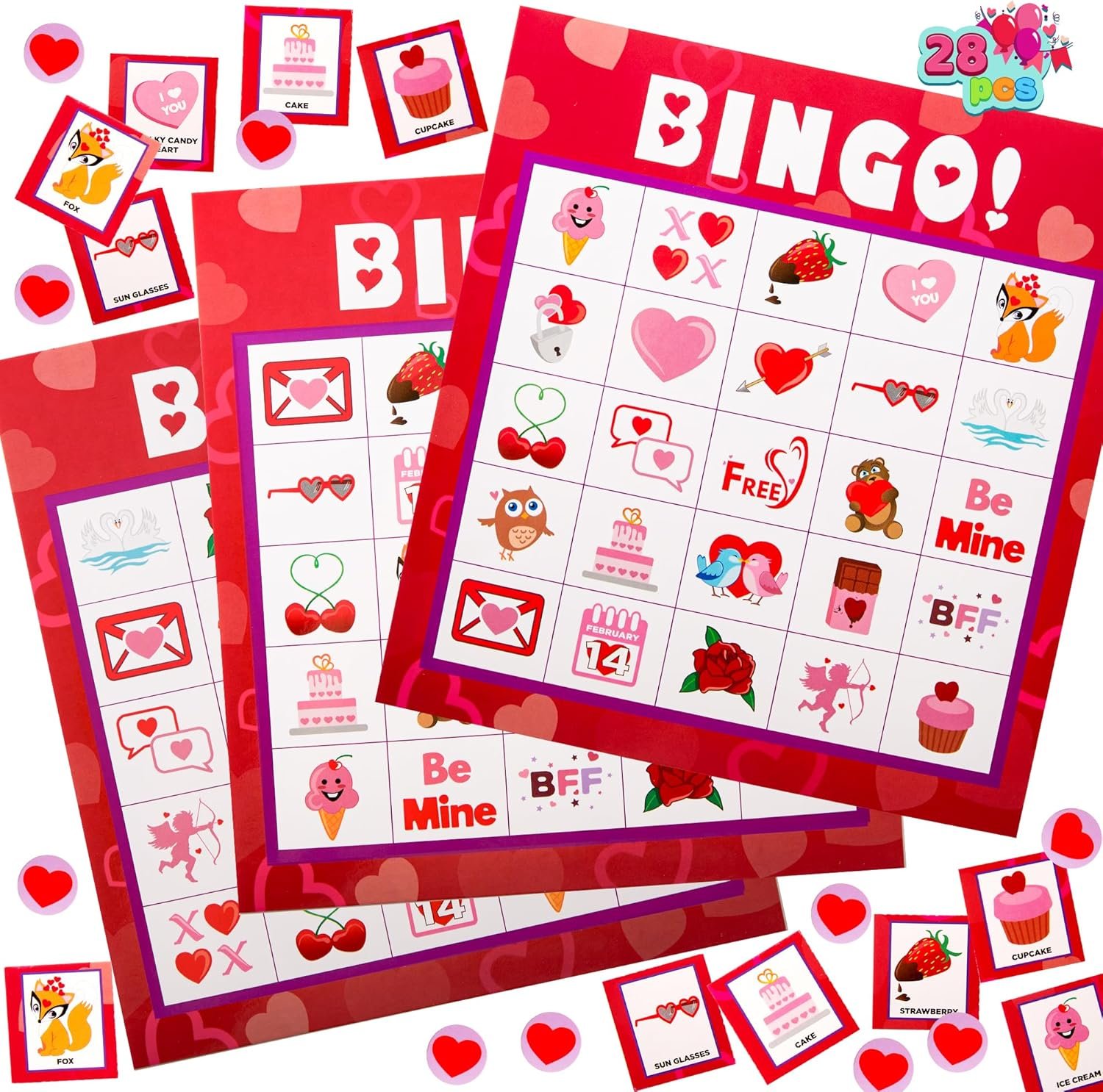 Valentine's Bingo Cards for 28 Kids' Hearts