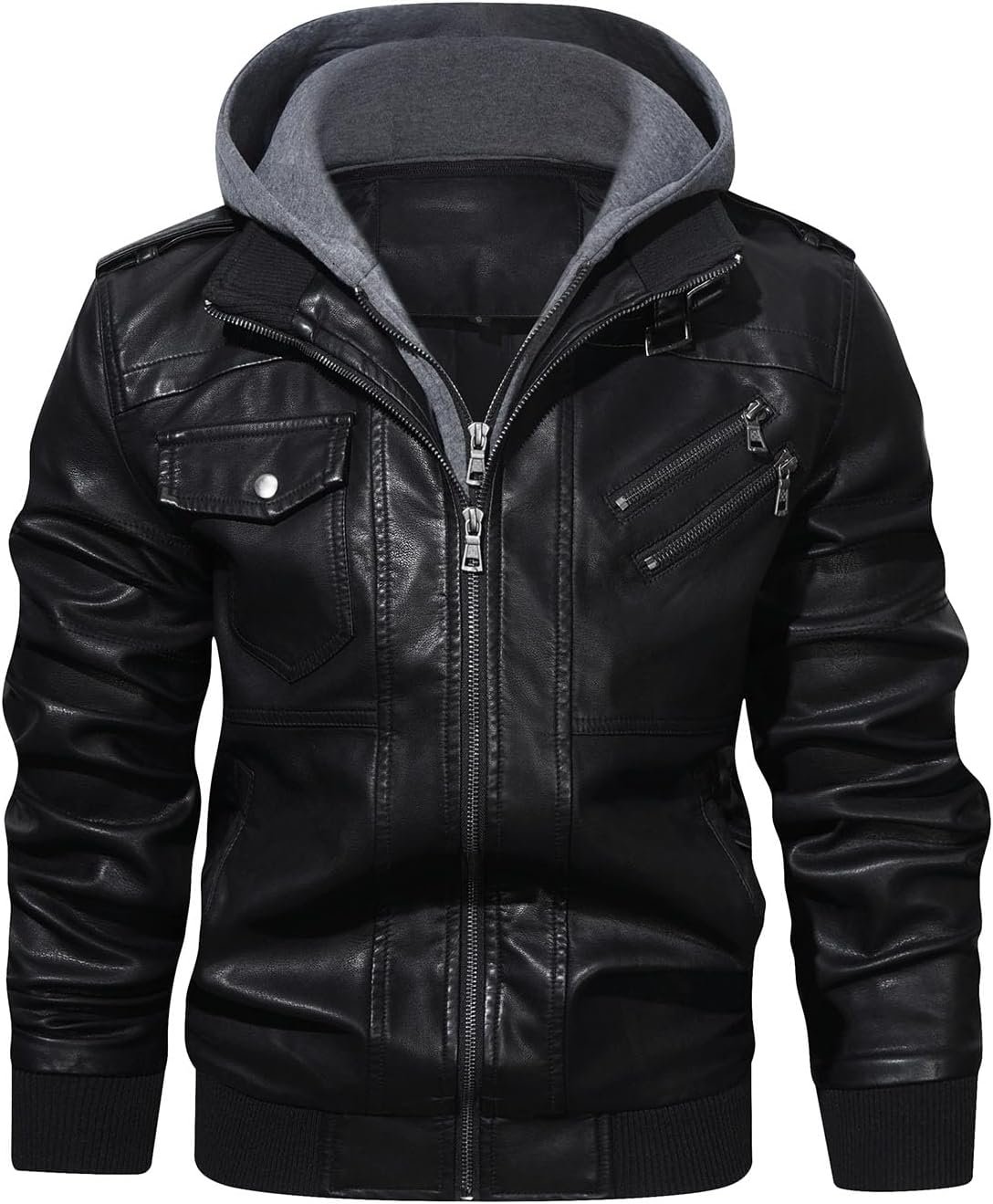 Weather-Ready Faux Leather Jacket with Removable Hood
