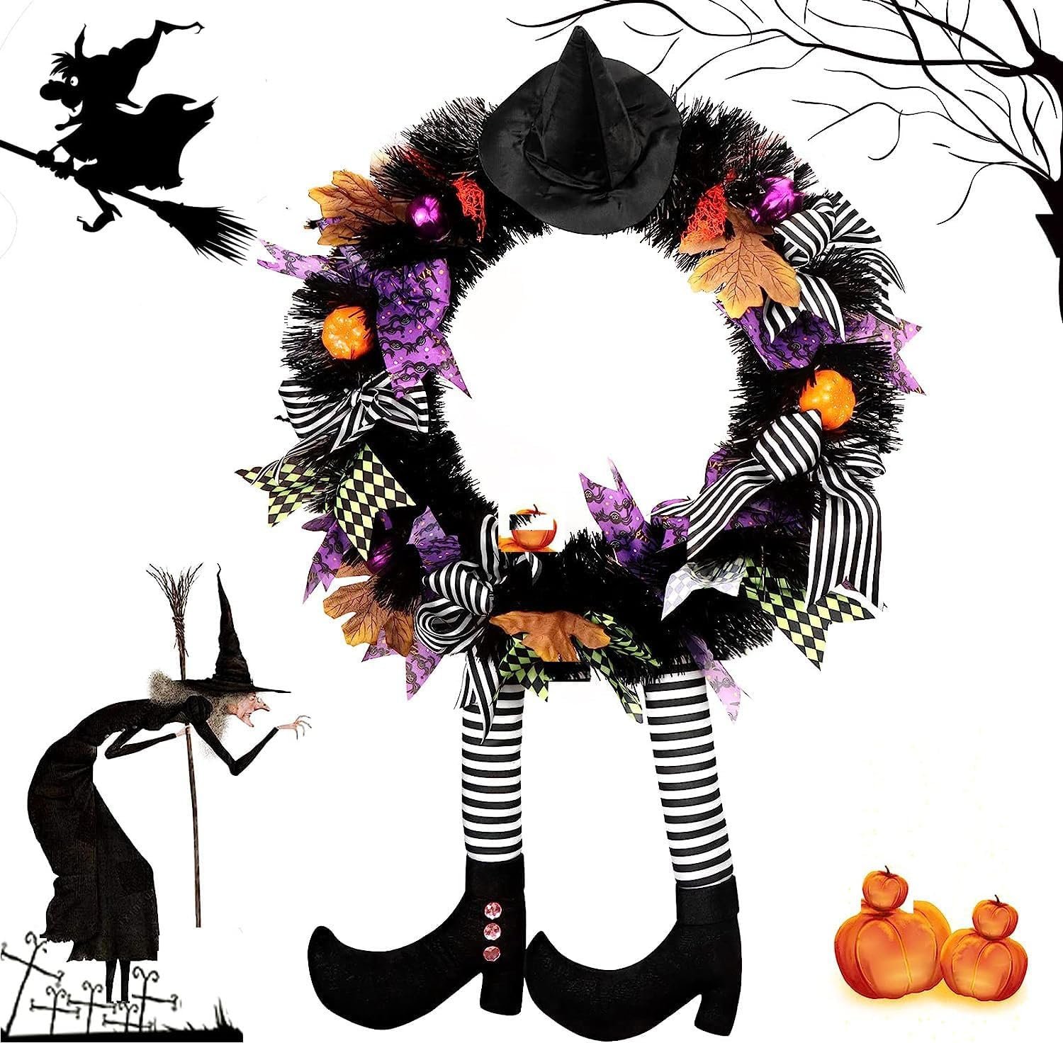 Witch's Halloween Wreath - Spooky Door Decor with Hat & Legs