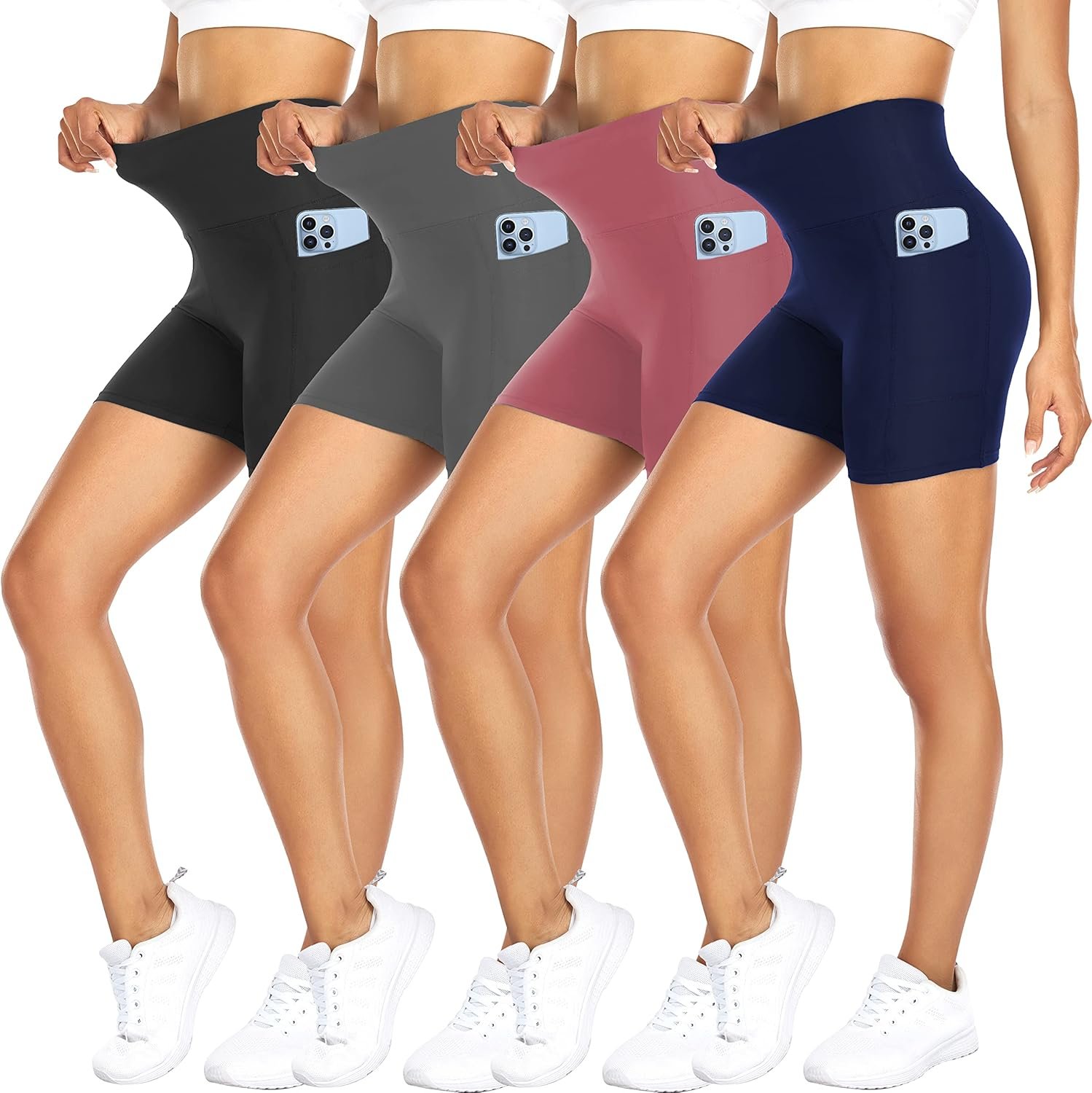 Women's High-Waisted Workout Shorts with Pockets - 4 Pack Comfort